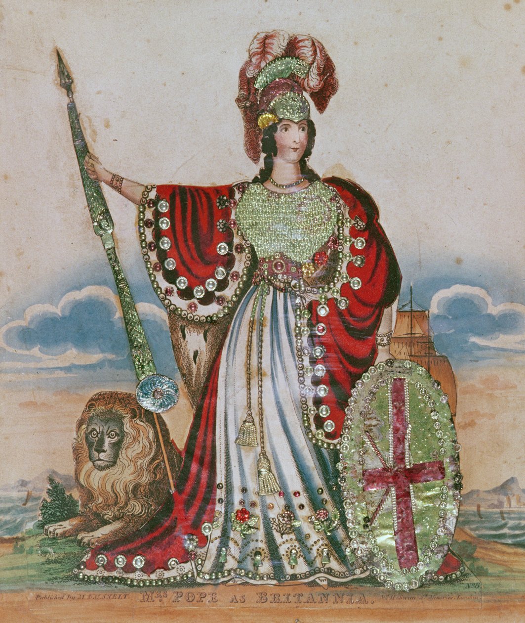 Mrs. Pope som Britannia (gravyr och collage) av English School
