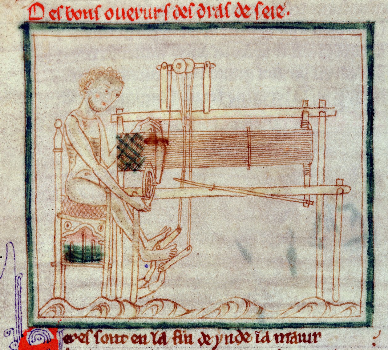 Ms 0.9.34 fol.32v Treadle Loom, från Romance of Alexander, 1250 av English School
