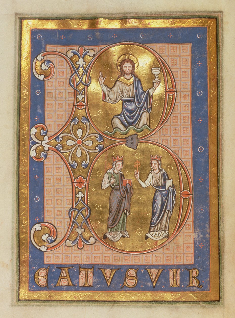 Ms 12 f.12v Initial B föreställande, överst: Kristus sittande, nederst: två kvinnor som representerar Mercy and Truth, från Peterborough Psalter, c.1260 av English School