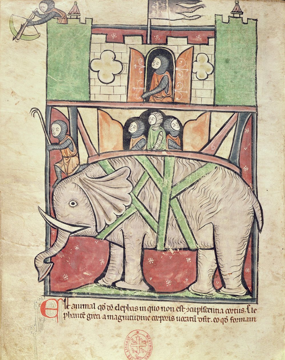 Ms 22 f.26v Elephant som bär en howdah full av soldater, från Westminster Abbey Bestiary, c.1270-90 av English School