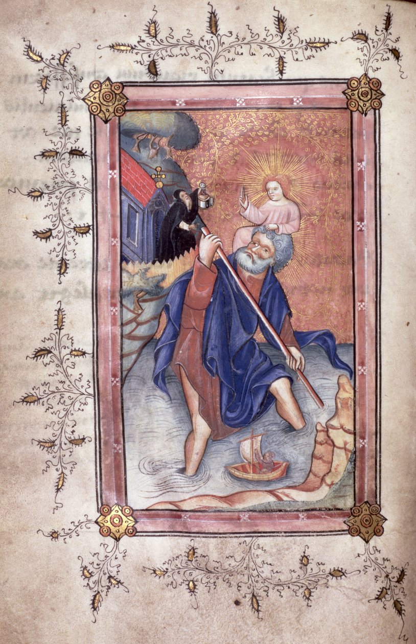 Ms 49 f.28v St. Christopher bär Kristus över en flod (vellum av English School