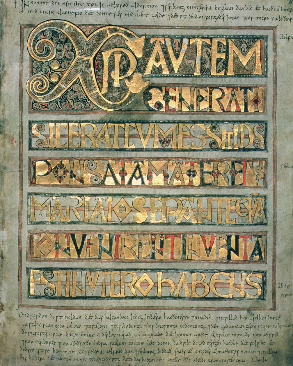 Ms A 135 f.11r Upplyst text, initial sida `Xpi till St. Matteus, från Stockholm Codex Aureus, c.750 av English School