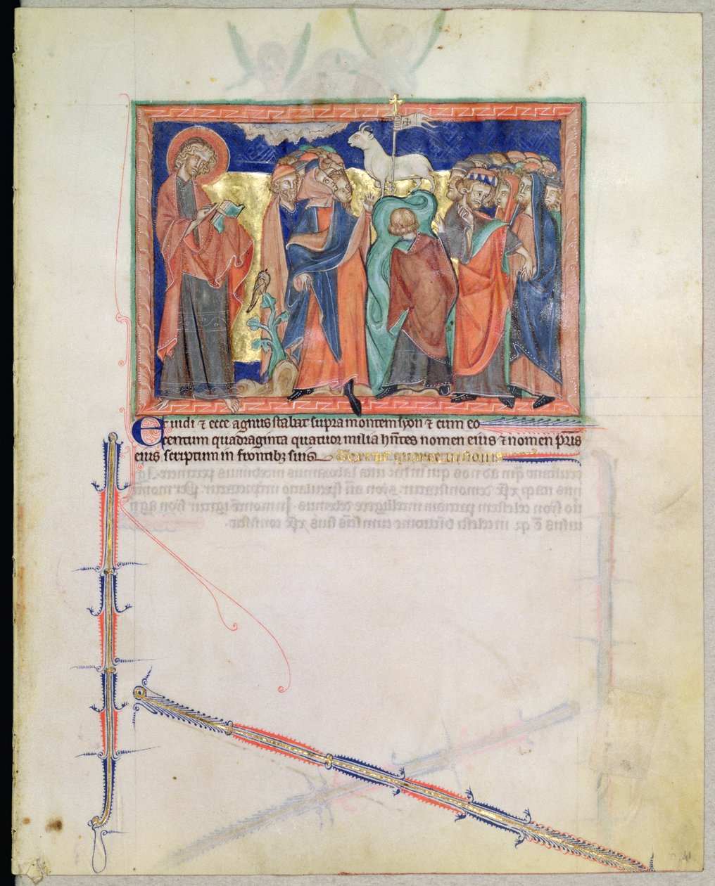Ms L.A. 139-Lisboa fol.41 St. Johannes evangelisten som ser etthundrafyrtiofyra tusen dyrka Lammet på berget Sion, från Gulbenkian Apocalypse, ca 1265-70 av English School
