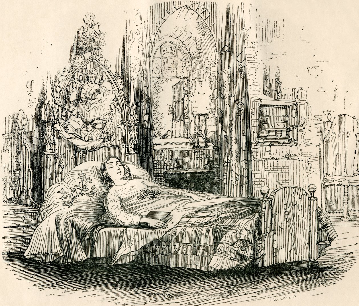Nell Trent på sin dödsbädd, från "The Old Curiosity Shop" av Charles Dickens av English School
