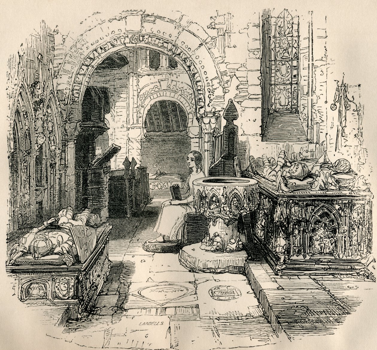 Nell Trent sitter i den gamla kyrkan, från "The Old Curiosity Shop" av Charles Dickens av English School