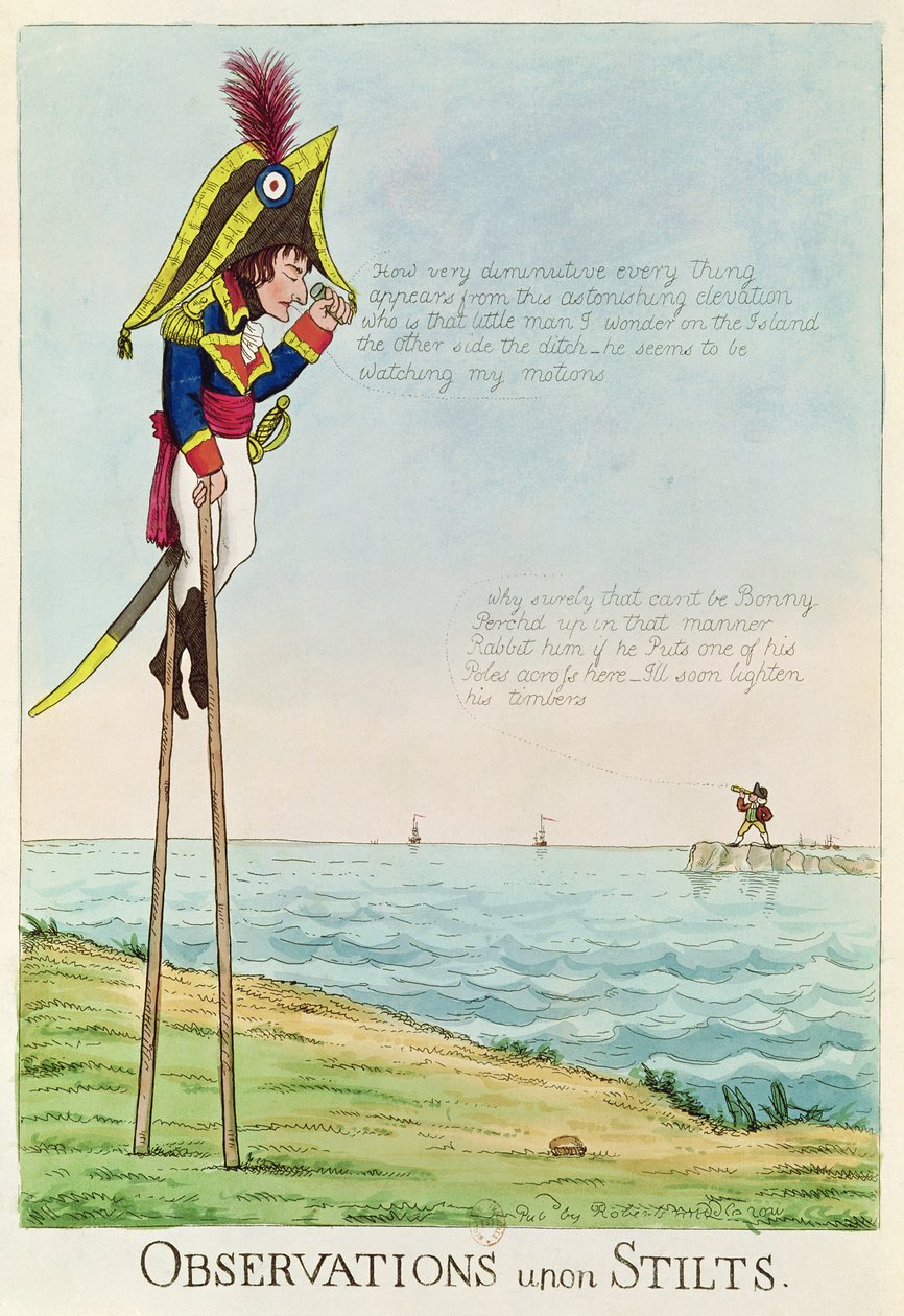 Observations Upon Stilts, karikatyr av Napoleon som står på styltor och observerar Pitt och England över kanalen av English School