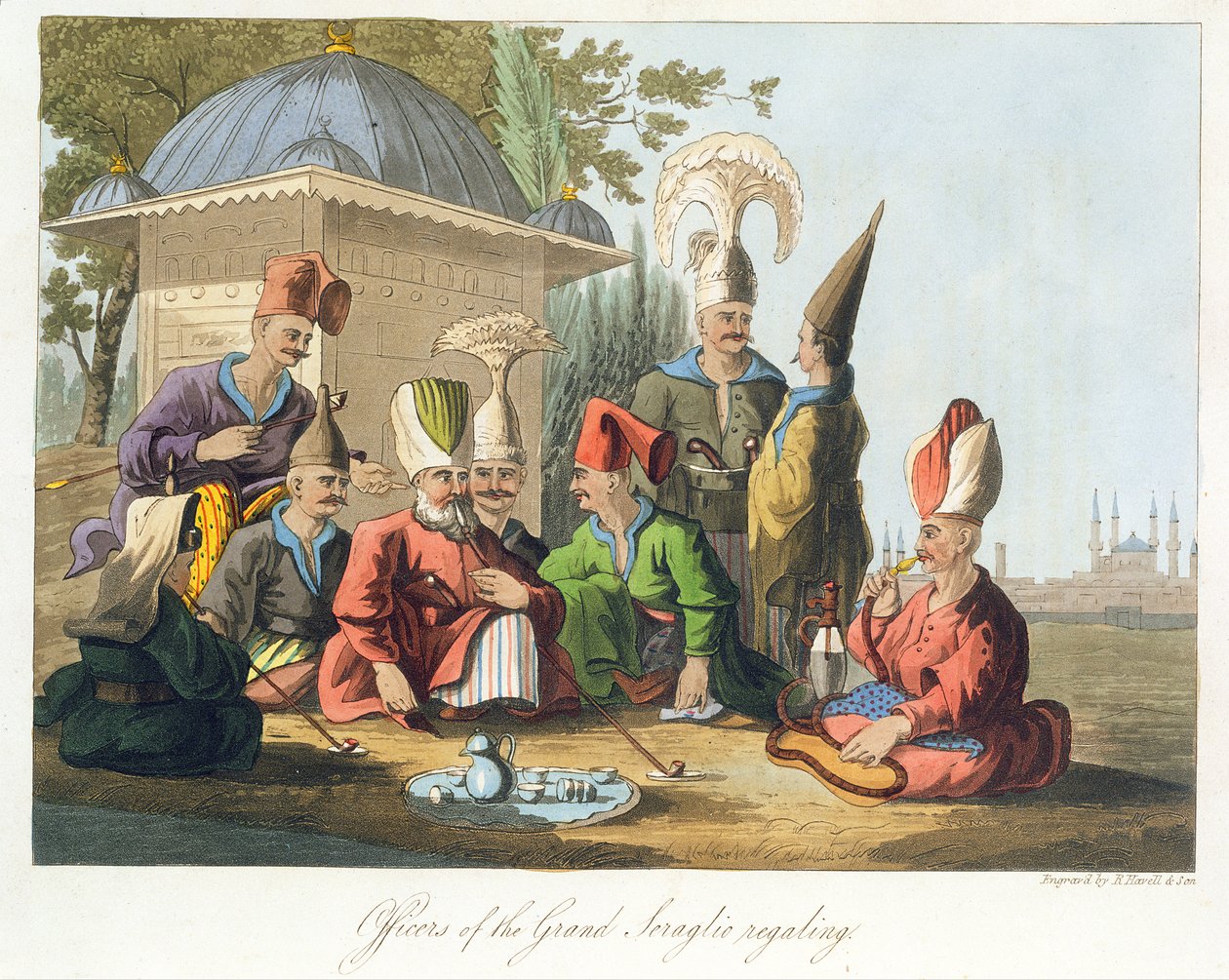 Officers of the Grand Seraglio Regaling, graverad av Robert Havell and Sons, c.1816 av English School