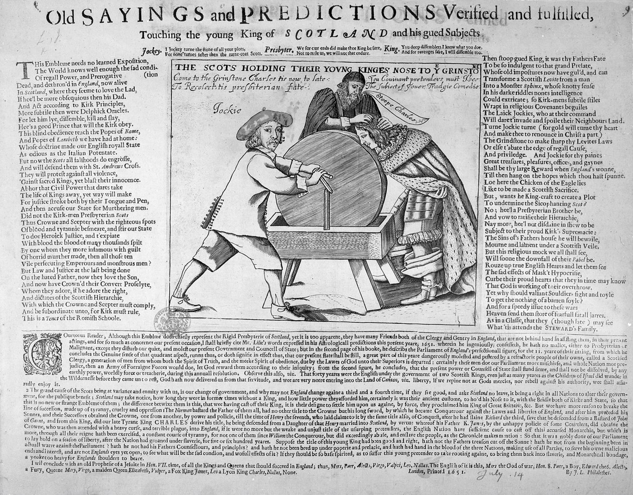 "Gamla talesätt och förutsägelser verifierade och uppfyllda, rörande den unge kungen av Skottland och hans guidade undersåtar", publicerad 1651 av English School