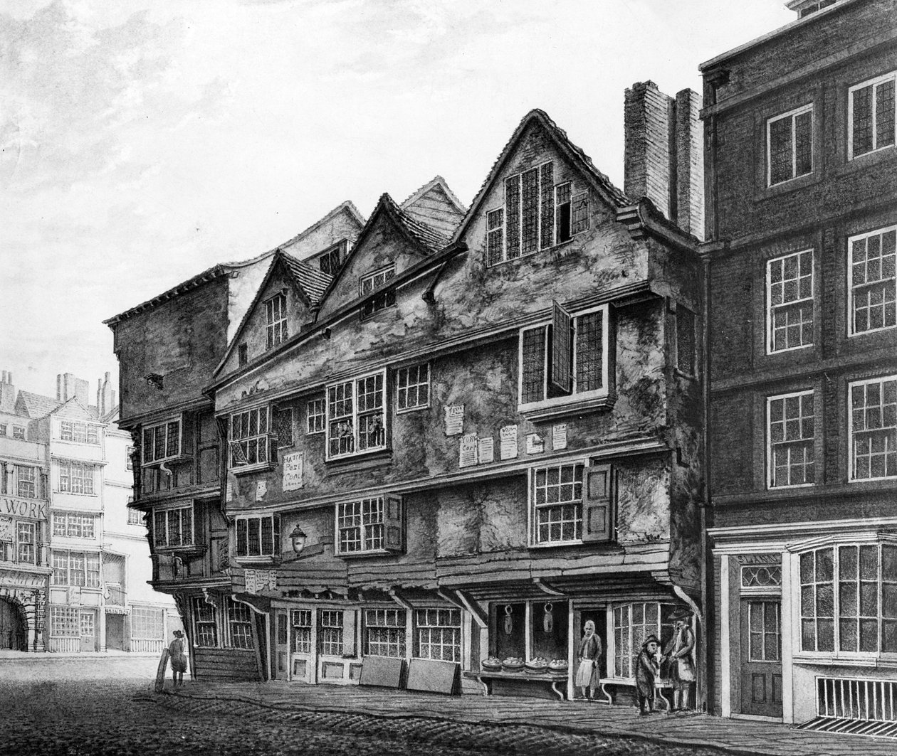 Gamla hus och butikslokaler på Chancery Lane, London, 1798 av English School