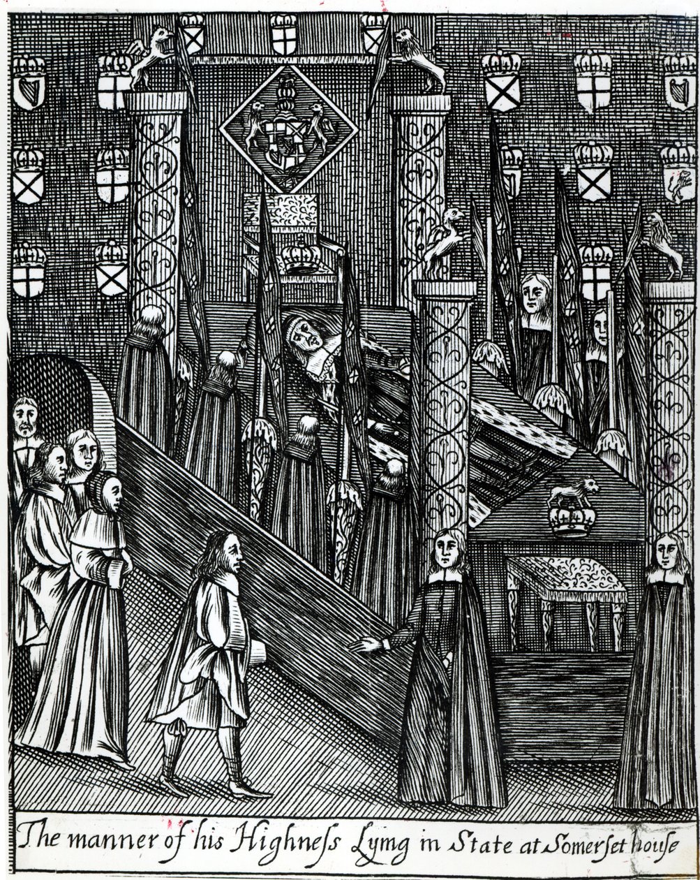 Oliver Cromwell (1599-1658) Liggande i staten, ca 1658 av English School