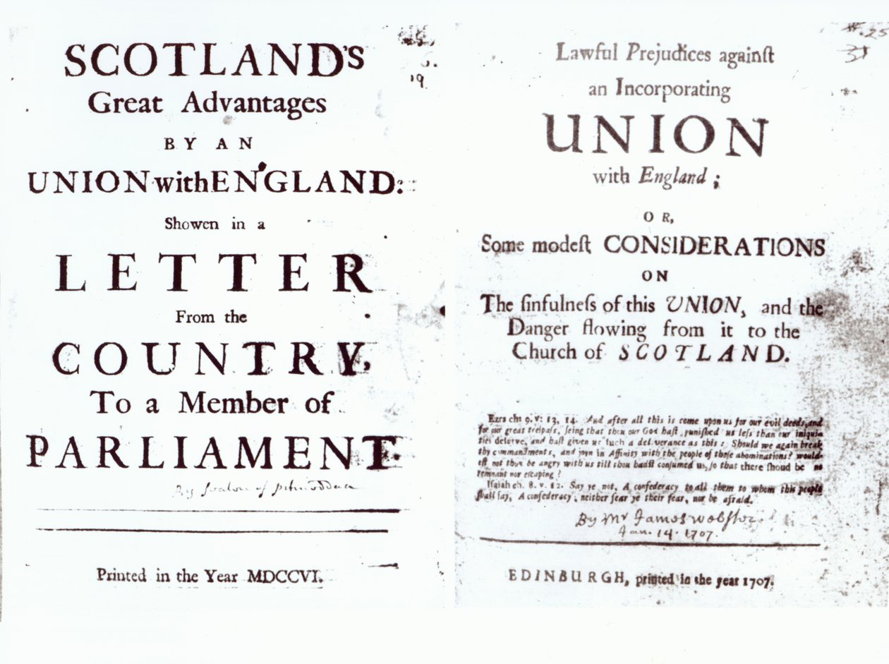 Pamfletter som visar båda sidor av den anglo-skotska fackliga debatten, 1707 av English School