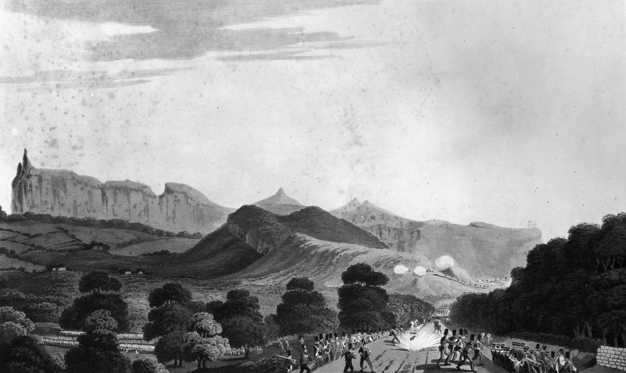 En del av den brittiska armén som bildades före Port Louis, graverad av I. Clark, 1813 (akvatint) av English School