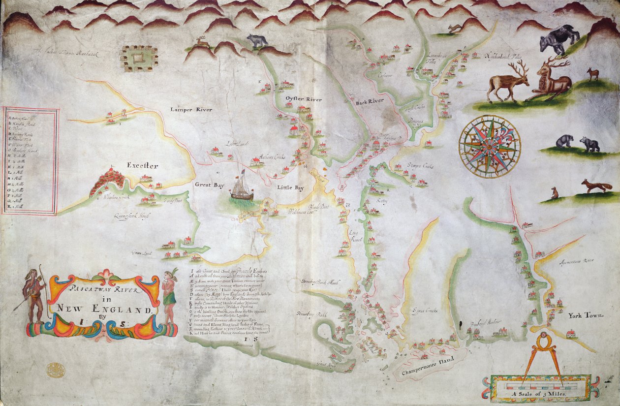 Pascatway River i New England, ca 1660-85 (bläck på papper) av English School