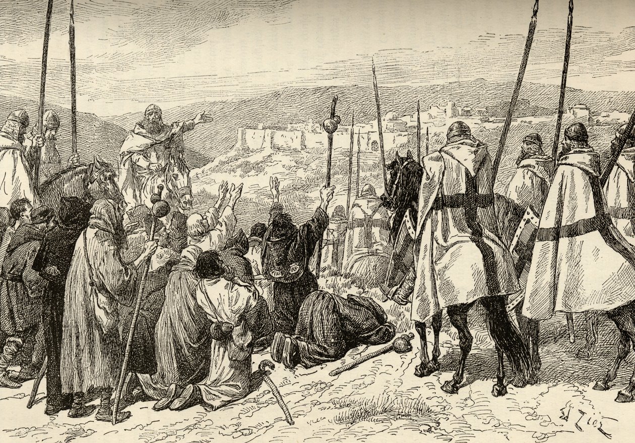 Pilgrimme under eskorte af tempelriddere foran Jerusalem i det 12. århundrede swed av English School