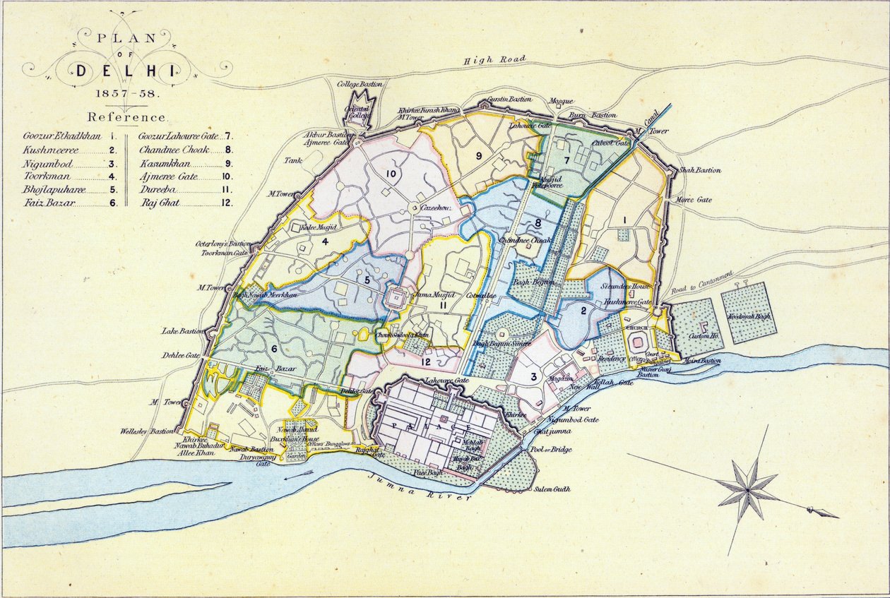 Plan av Delhi 1857-58, graverad av Guyot und Wood, pub. av William Mackenzie, Edinburgh, ca 1860 av English School