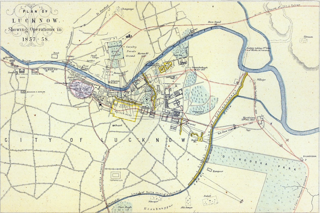 Plan of Lucknow, der viser Operations i 1857-58, pub. af William Mackenzie, ca. 1860 swed av English School