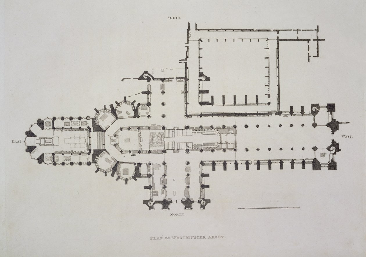 Plan av Westminster Abbey, skylt 1 från Westminster Abbey, pub. av Rudolph Ackermann (1764-1834) 1812 (akvatint) av English School