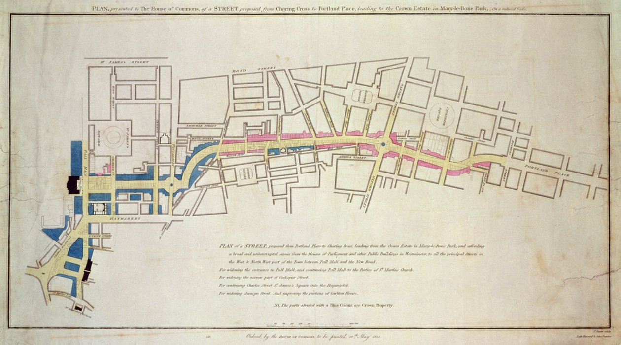 Plan över föreslagen gata som går från Charing Cross till Portland Place, 1848 av English School