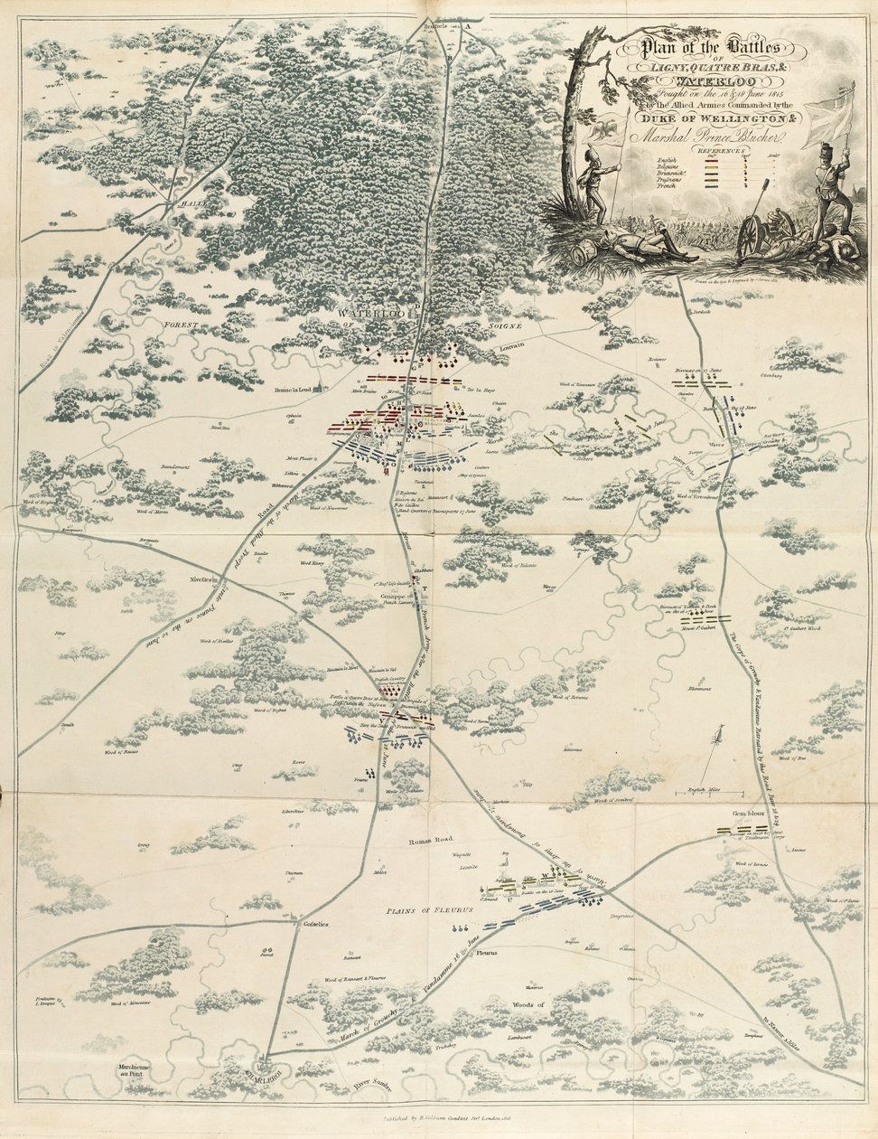 Plan för slagen vid Ligny, Quatre Bras & Waterloo utkämpades den 16 och 18 juni 1815 av de allierade arméerna under befäl av hertigen av Wellington och marskalk prins Blücher, från "An Historical Account" av English School