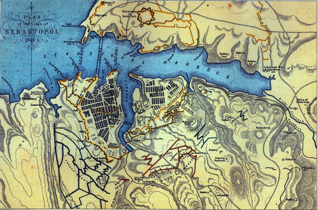 Plan over belejringen af Sebastopol 1854-55, indgraveret af Robert Walker, pub. William Mackenzie, ca. 1860 swed av English School