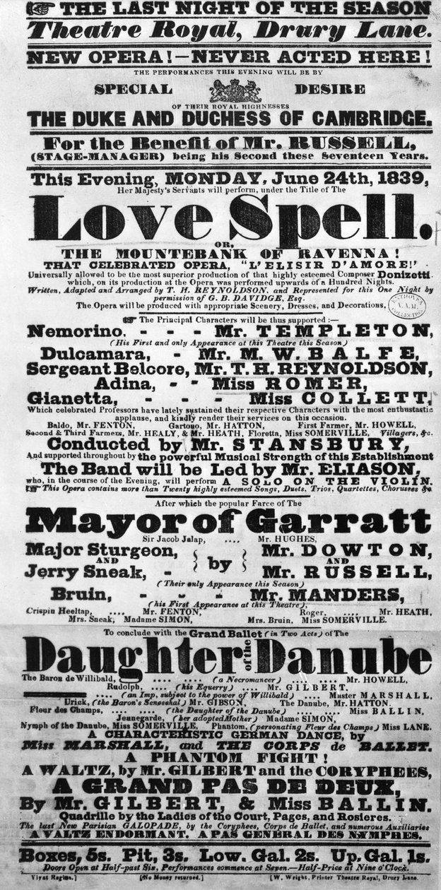Playbill som tillkännager en föreställning av "Love Spell" på uppdrag av hertigen och hertiginnan av Cambridge, 1839 (tryckt papper) av English School