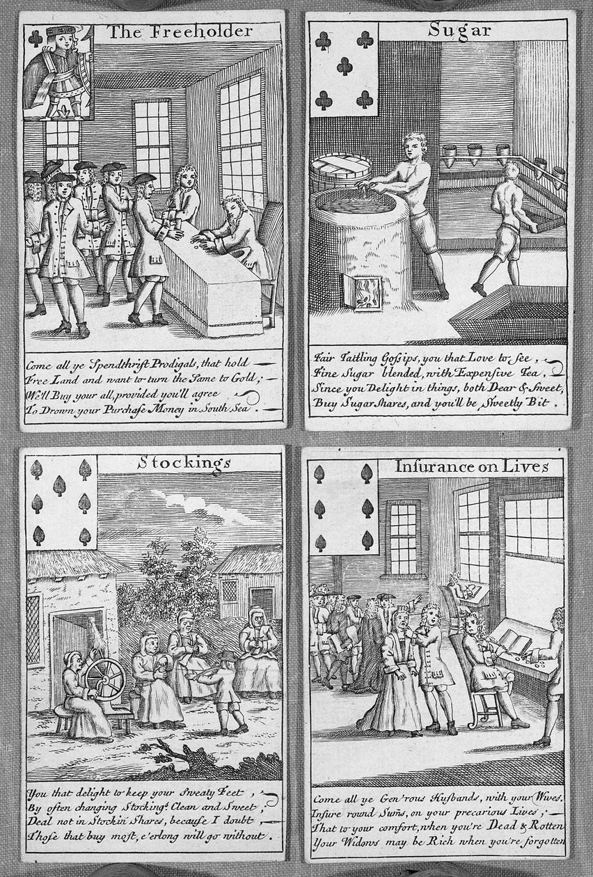 Spillekort, der skildrer aktuelle kommercielle satsninger, ca. 1720 (print) sverige av English School