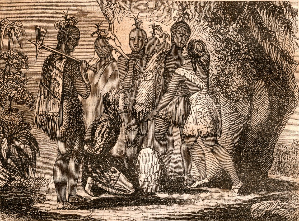 Pocahontas i förbön för Smiths liv 1607, illustration från "Tales of Travellers" eller "A View from the World", publicerad 1838 av English School