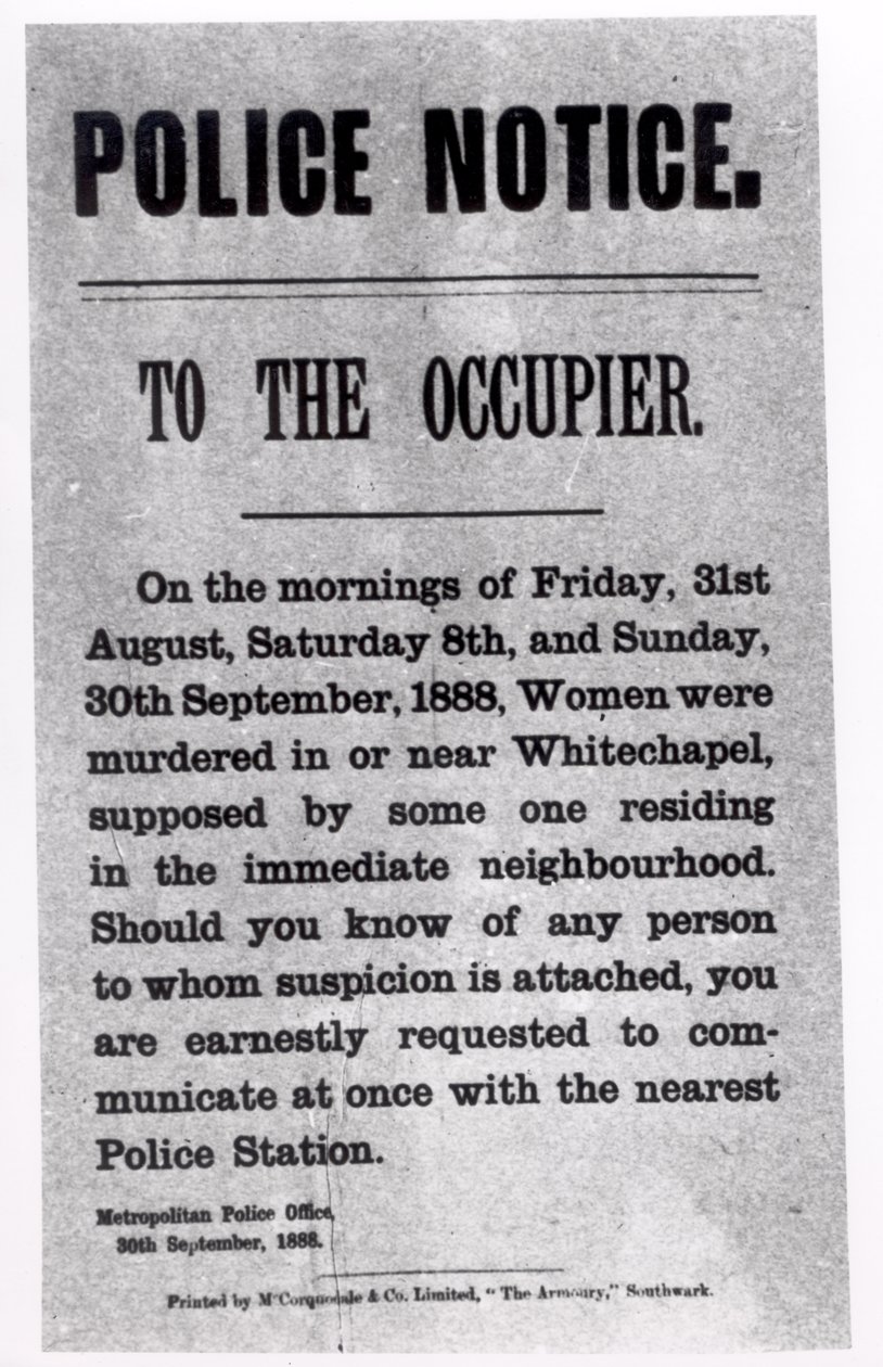 Polismeddelande till ockupanten angående mord i Whitechapel, 30 september 1888 (tryck) av English School