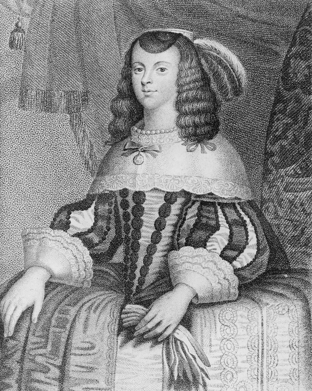 Porträtt av Catharine av Braganza (1638-1705) graverad av Freeman av English School
