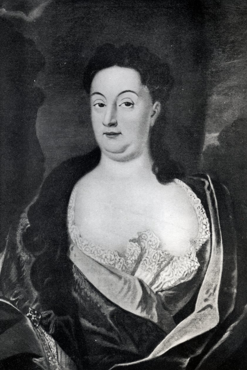 Porträtt av grevinnan Ehrengard Melusina von der Schulenburg, hertiginna av Kendal (1667-1743) av English School