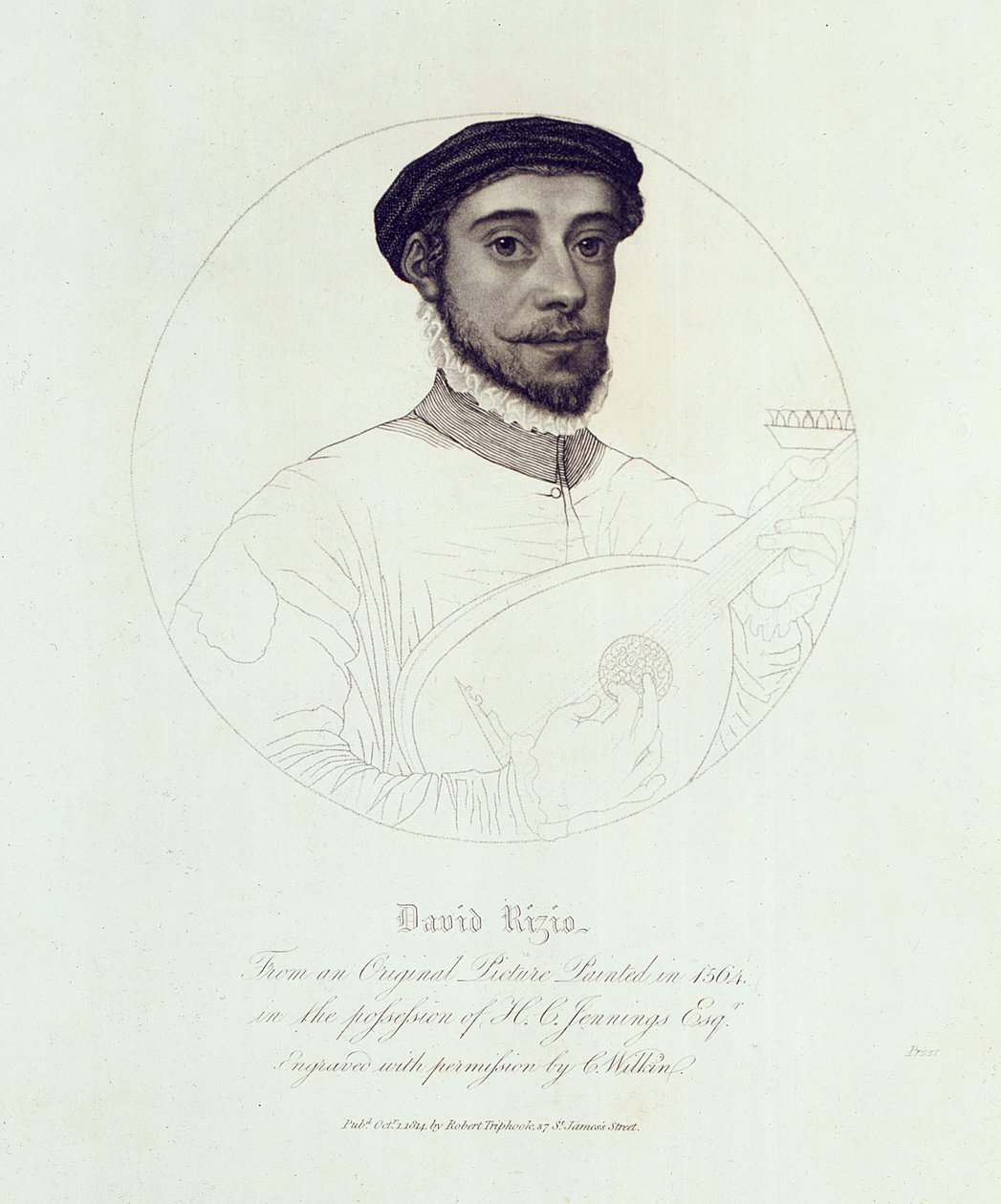 Porträtt av David Rizio, från ett original målat 1564, graverat av C. Wilkin, pub. London, 1814 av English School