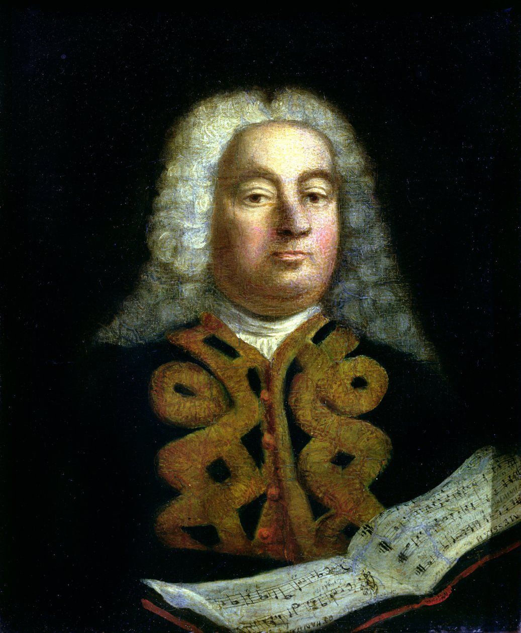 Porträtt av George Frederick Handel (1685-1759) med en kopia av Messias, ca 1749 av English School
