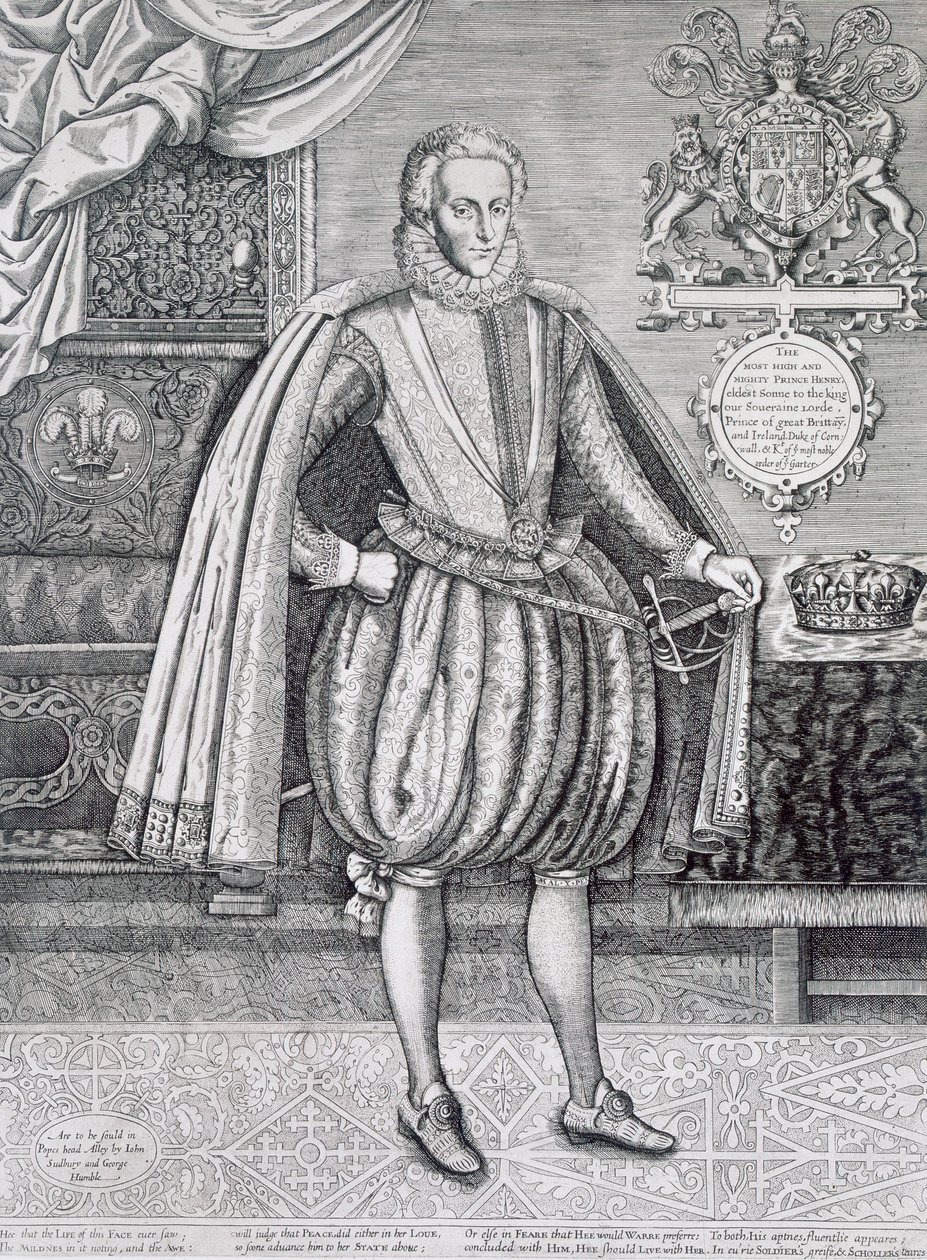 Porträtt av Henry, Prince of Wales (1594-1612) från Kings Book, graverad av Renold Elstrack (1571-c.1630) 1612 av English School