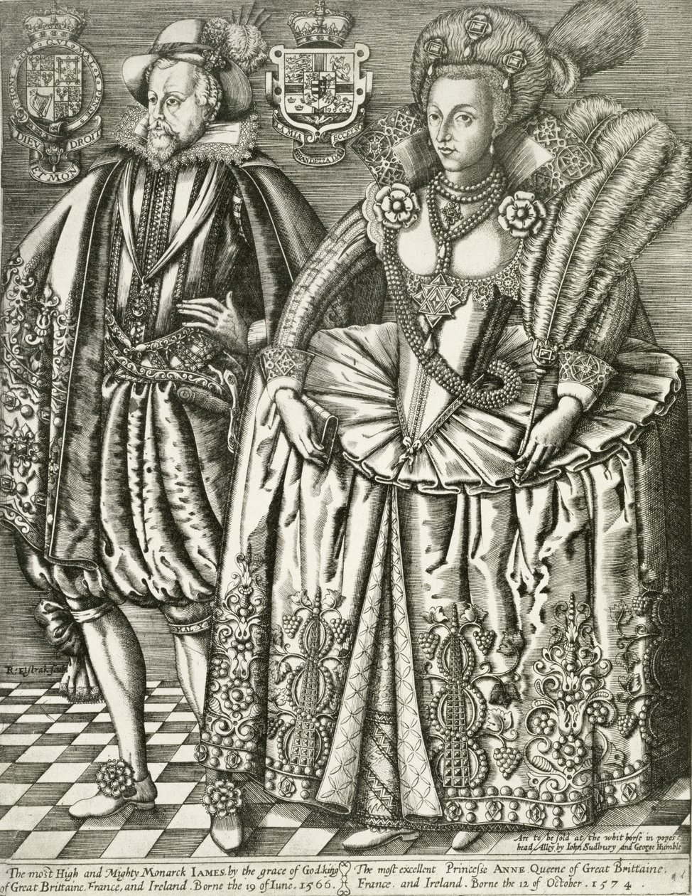 Porträtt av Jakob I (1566-1625) och Anne av Danmark (1574-1619) titelsida från Kungaboken, graverad av Renold Elstrack (1571-c.1630) 1618 av English School