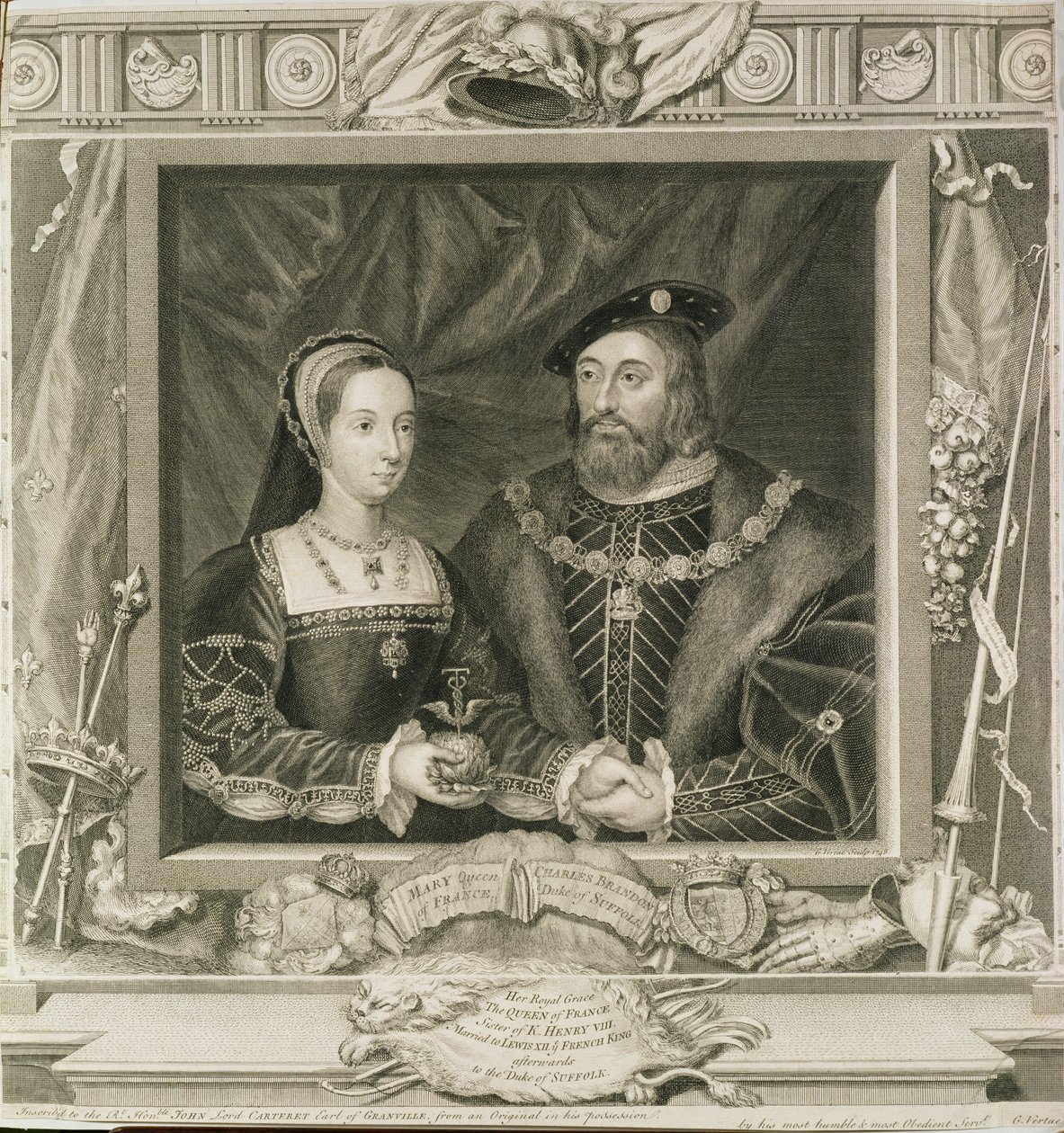 Porträtt av Maria (1496-1533), drottning av Frankrike, och Charles Brandon (d.1545), hertig av Suffolk, graverat av George Vertue (1684-1756) 1748 (se även 136496) av English School