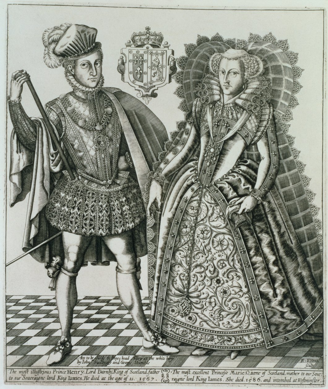 Porträtt av Mary, Queen of Scots (1542-87) och Henry Stewart, Lord Darnley (1545-67) från Kings Book, graverad av Renold Elstrack (1571-c.1630) 1618 av English School