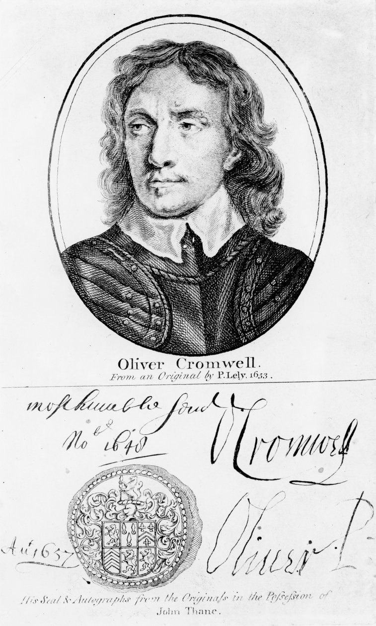 Porträtt av Oliver Cromwell (1599-1658) från ett original av Peter Lely från 1653, och hans sigill och autografer av English School