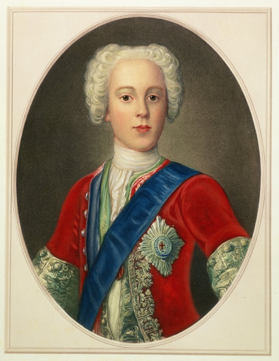 Porträtt av prins Charles Edward Louis Philip Casimir Stewart (1720-88), den unge pretendenten eller "Bonnie Prince Charlie". av English School