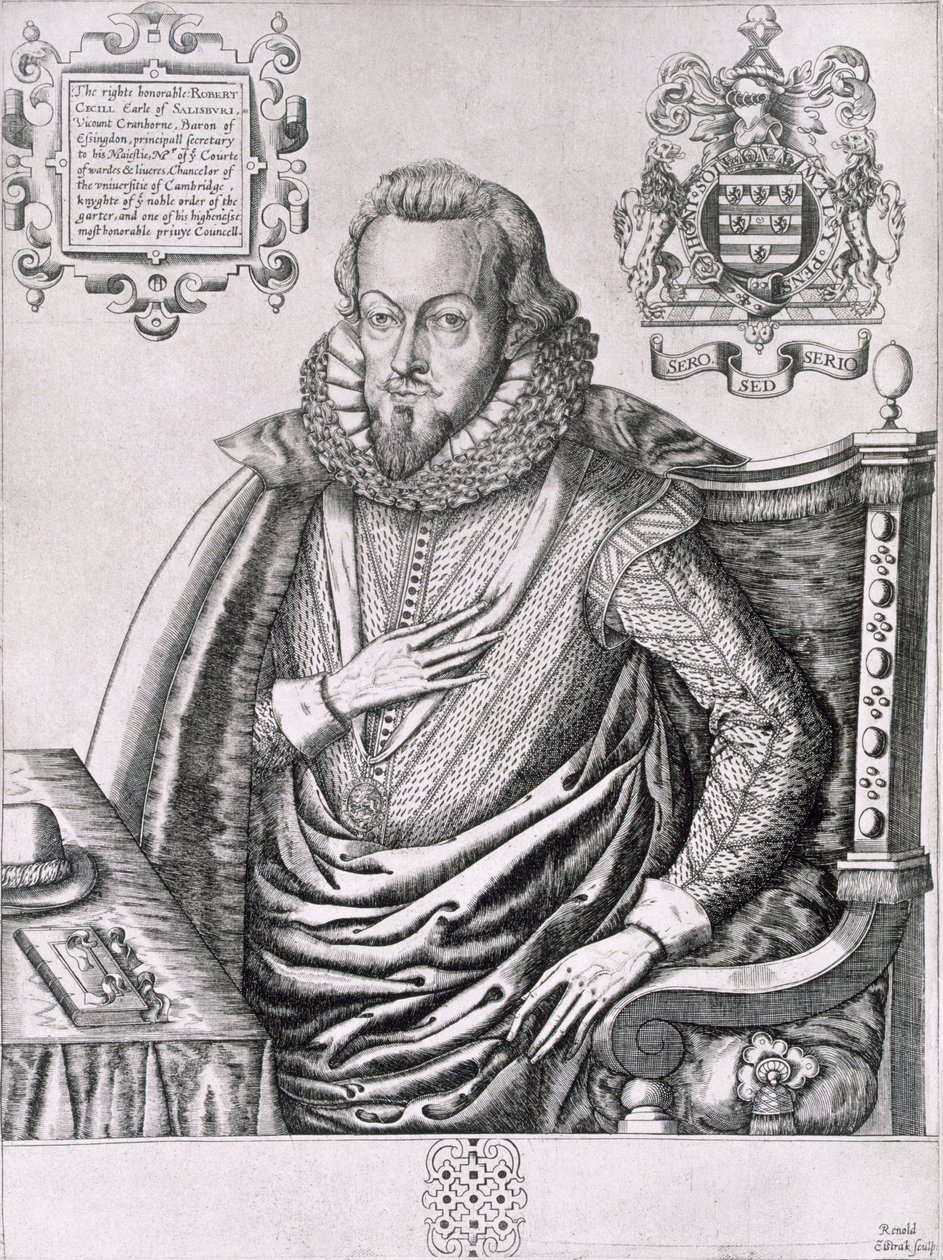 Porträtt av Robert Cecil (1563-1612) 1:e earl av Salisbury, graverad av Renold Elstrack (1571-c.1630) c.1607 av English School