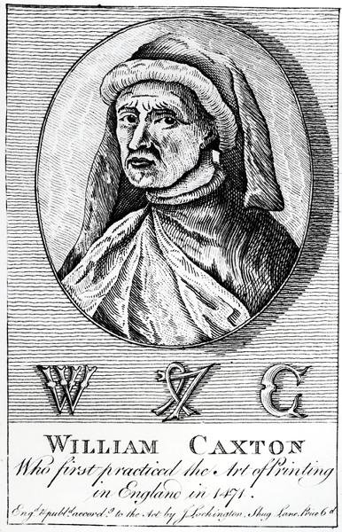 Porträtt av William Caxton (ca 1422-91) och hans Printers Mark av English School