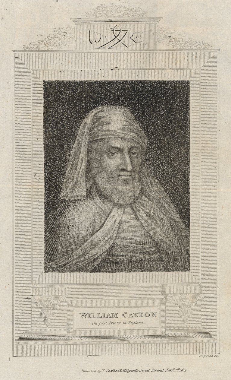 Porträtt av William Caxton (ca 1422-91) och hans skrivarmärke av English School