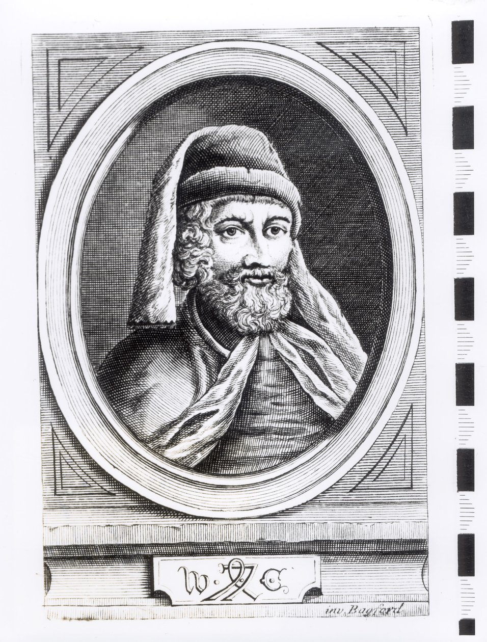 Porträtt av William Caxton (ca 1422-91) och hans skrivarmärke av English School