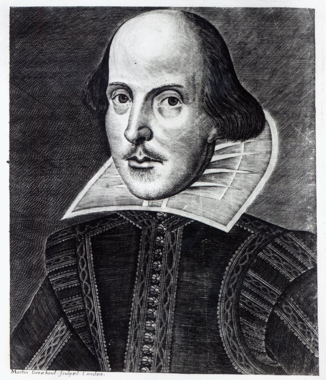 Porträtt av William Shakespeare, graverad av Martin Droeshout, 1623 av English School