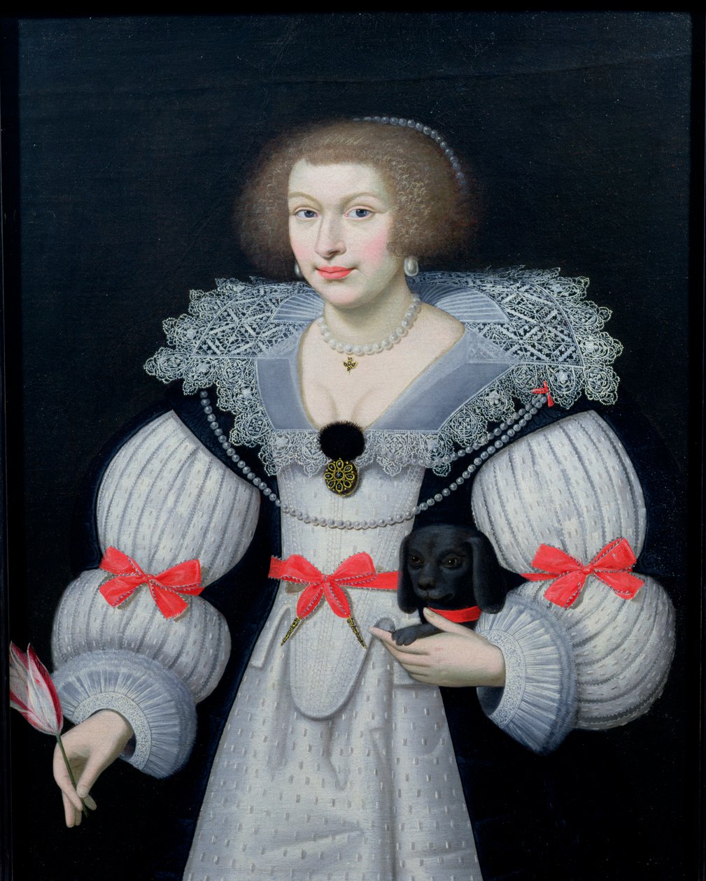 Porträtt av en dam som håller en hund och en tulpan, c.1620 av English School