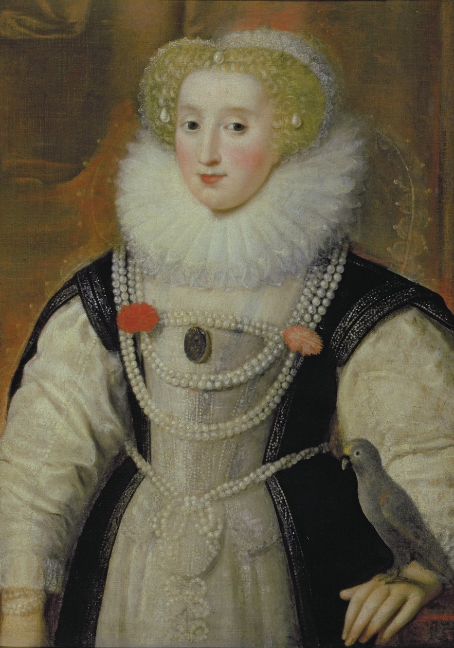 Porträtt av en Elizabethansk dam med en papegoja av English School