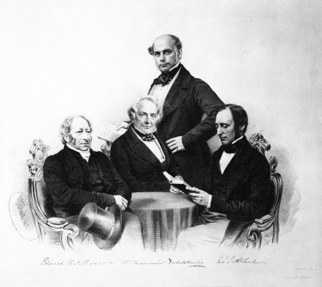 Porträtt av läkarna Edward Monro, William Lawrence, Forbes Winslow och A. J. Sutherland, 1857 av English School