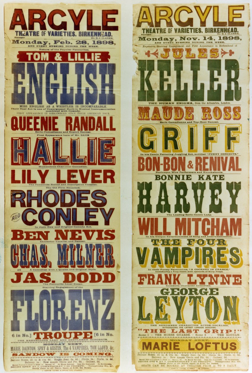 Affischer för Argyle Theatre of Varieties, Birkenhead, 1898 av English School