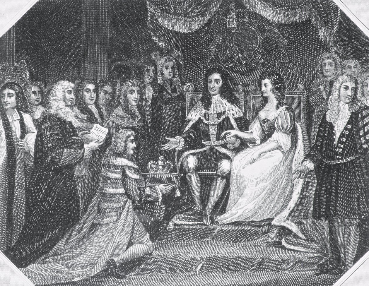 Presentation av Bill of Rights till William III (1650-1702) av Orange och Mary II (1662-94) av English School