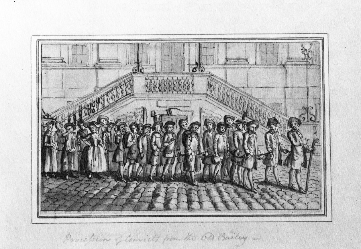 Procession of Convicts from the Old Bailey, ca 1750-1800 (penna och bläck och grå tvätt på papper) av English School