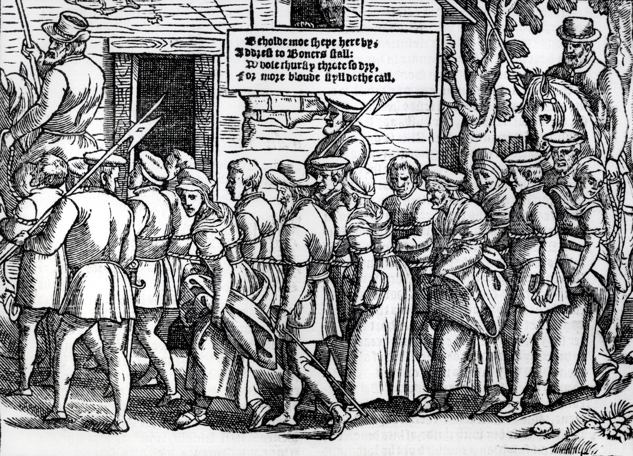 Protestanter, sammankopplade, leddes till London för rättegång, från "Acts and Monuments" av John Foxe (1516-87), 1563 av English School